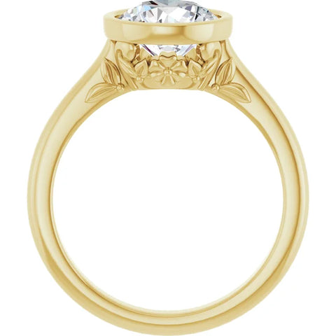 The image depicts a close-up of a 14K yellow gold engagement ring from a perspective as if looking through the center of the ring. The gallery is designed like a flower basket, with petals curled upwards. The center of the ring is empty, intended to hold a diamond. The background is white.  Given the perspective, additional details such as the ring's width and the design intricacies on the basket are not visible.