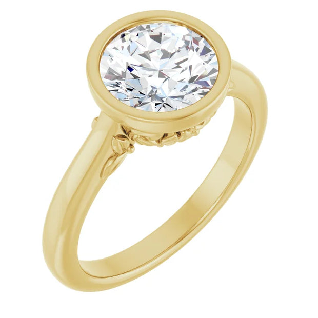 The image depicts a close-up of a 14K yellow gold engagement ring from a slightly tilted perspective. The band is designed like a flower basket, with petals curled upwards. The center of the ring is empty, intended to hold a diamond. The background is white.  Additional details:  The ring appears to be polished gold. The basket design may have intricate details or engravings that are difficult to discern from this view.