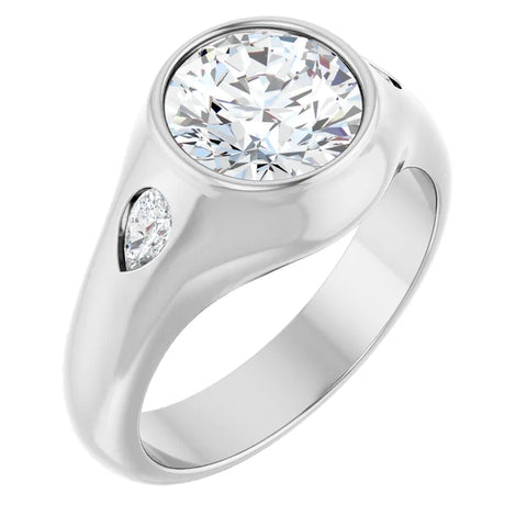 14K White Gold Round Bezel Three-Stone Engagement Ring