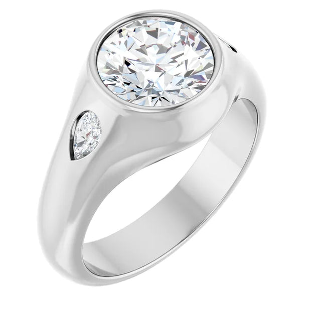 14K White Gold Round Bezel Three-Stone Engagement Ring