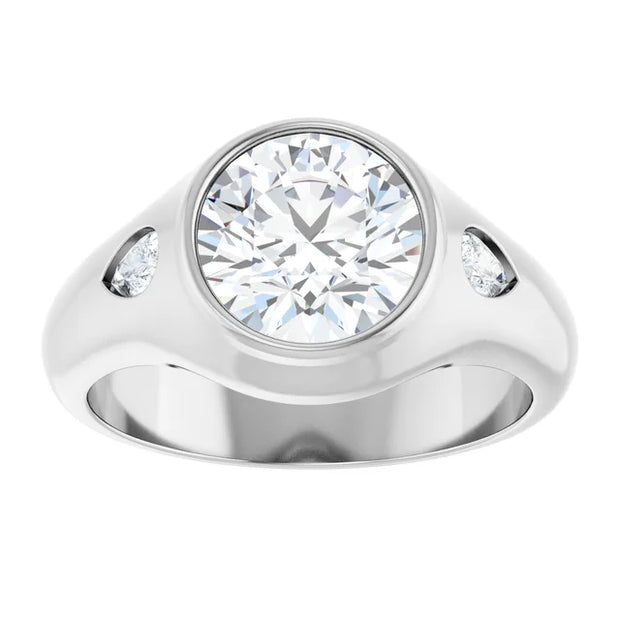 14K White Gold Round Bezel Three-Stone Engagement Ring