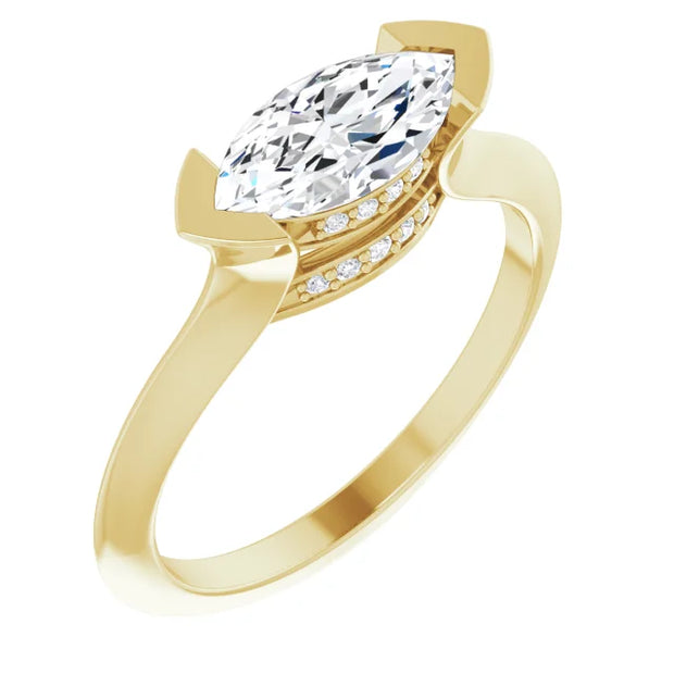 14K Yellow Gold Marquise Half Bezel Engagement Ring with Hidden Diamond Accents