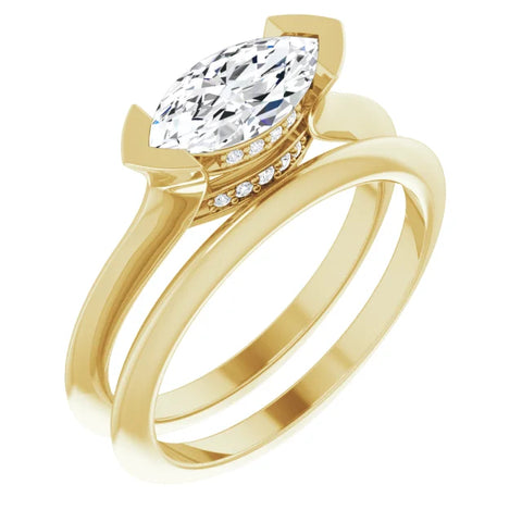 14K Yellow Gold Marquise Half Bezel Engagement Ring with Hidden Diamond Accents