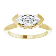 14K Yellow Gold Marquise Half Bezel Engagement Ring with Hidden Diamond Accents