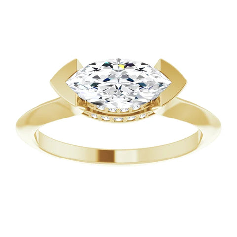 14K Yellow Gold Marquise Half Bezel Engagement Ring with Hidden Diamond Accents