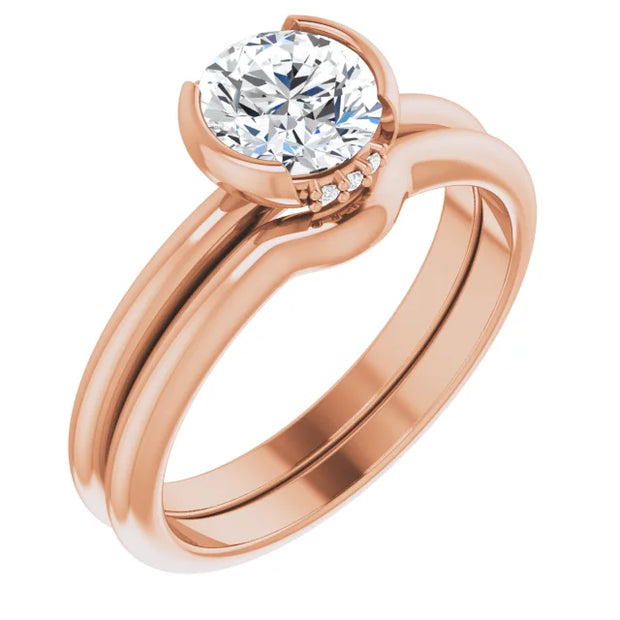 14K Rose Gold Round Half Bezel Engagement Ring with Hidden Diamond Accents