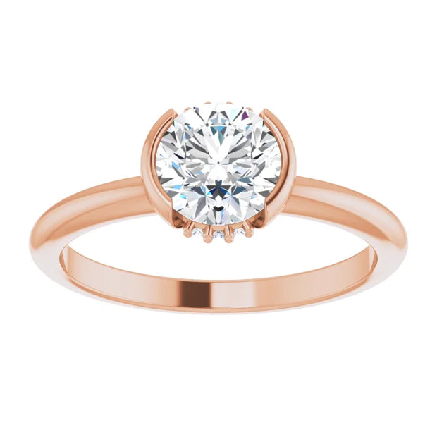 14K Rose Gold Round Half Bezel Engagement Ring with Hidden Diamond Accents