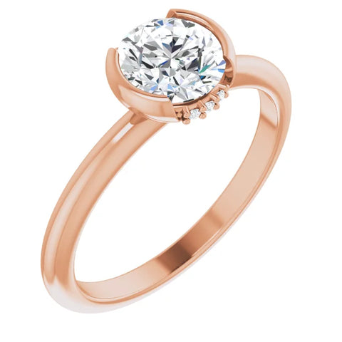 14K Rose Gold Round Half Bezel Engagement Ring with Hidden Diamond Accents