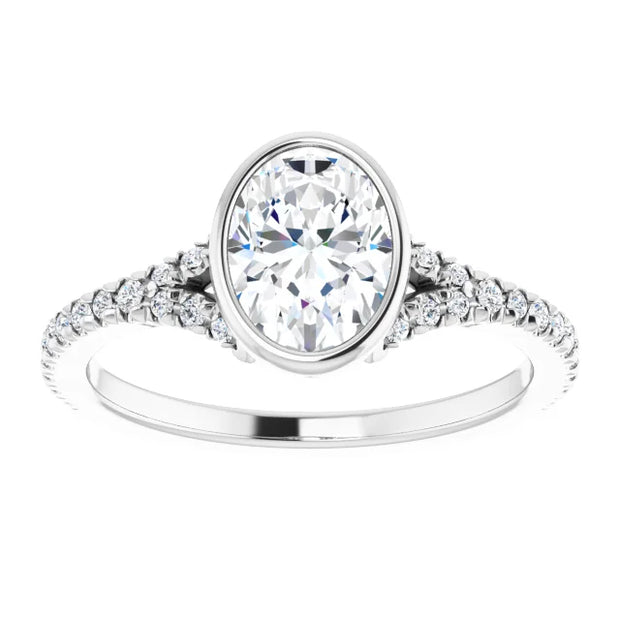 14K White Oval Bezel-set Engagement Ring with 1/5 ctw Lab-Grown Diamond Accents