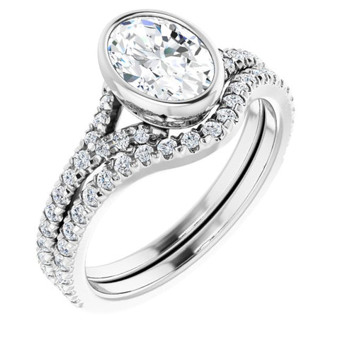 14K White Oval Bezel-set Engagement Ring with 1/5 ctw Lab-Grown Diamond Accents