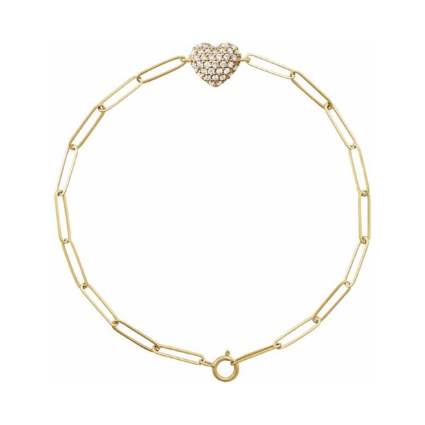 14K Yellow Gold 0.30 Carat Natural Heart & Paperclip-Style Bracelet
